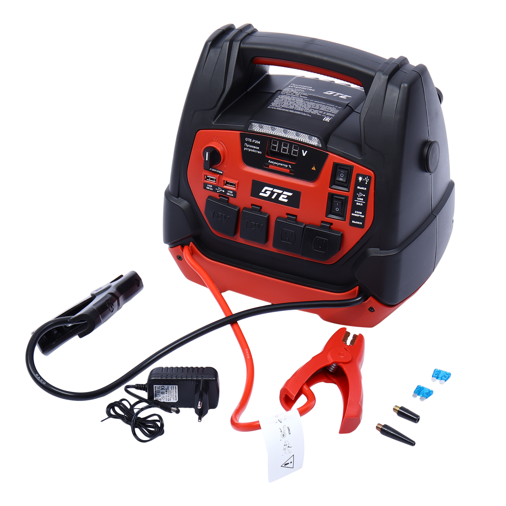 GTE-P204 Устройство пусковое 12-15V 1250А 18000мА/ч (power bank) инвертор с компрессором GTE-P204 Устройство пусковое 12-15V 1250А 18000мА/ч (power bank) инвертор с компрессором